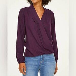 Loft draped v neck high low Maroon blouse Shirt (snaps at V)